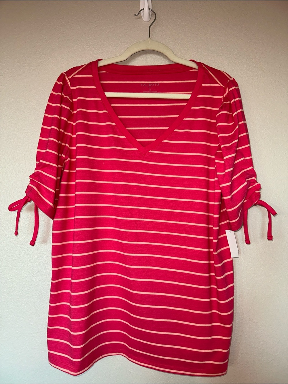Talbots Hot Pink and White Striped V-Neck Tie-Sleeve Tee